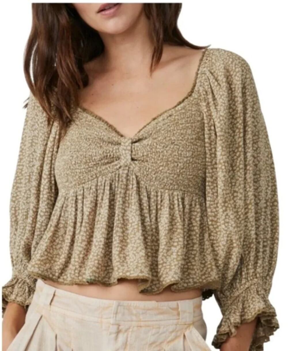 Free People Brittnee Peplum Top Size M Smocked Tropical Nut Boho Flouncy Neutral